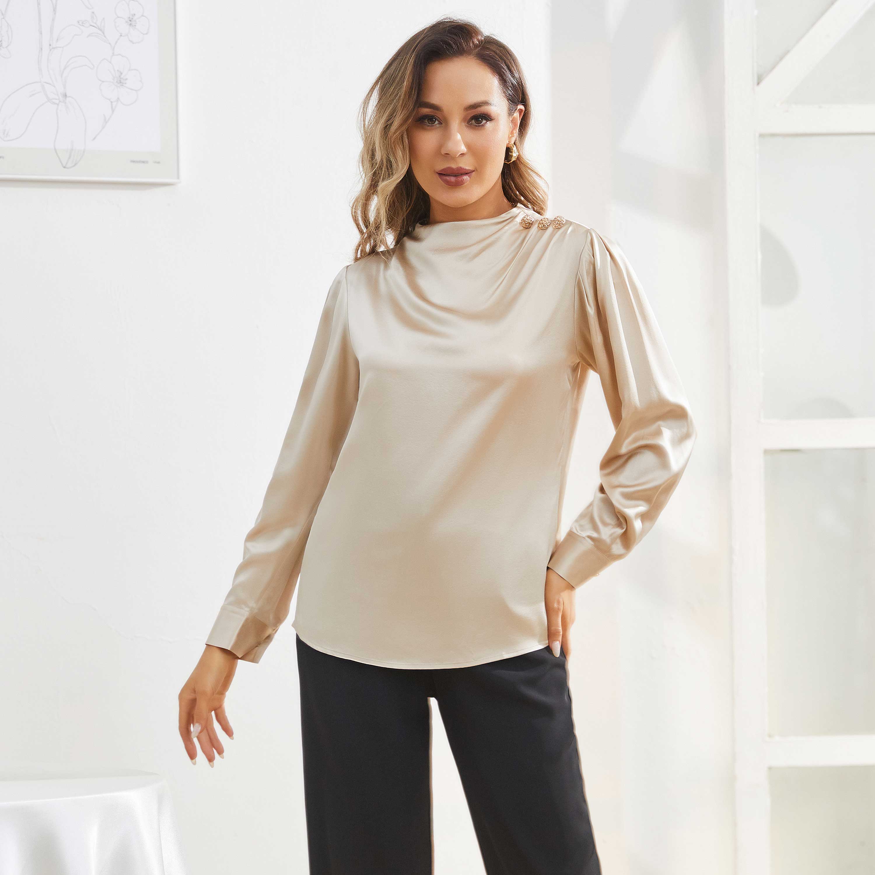 Silk Blouses For Women Dressy Long Mock Neck Silk Shirts