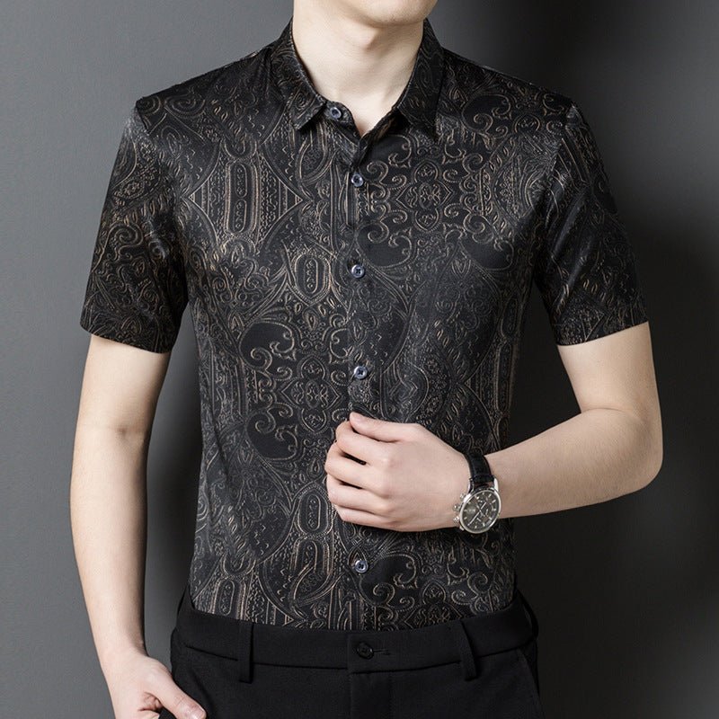 Silk Shirts for Men Short Sleeve Baroque Pattern Silk Dress Shirt