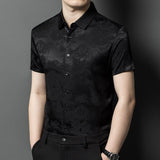 Silk Shirts for Men Short Sleeve Jacquard Silk Button Up Shirt XS Black