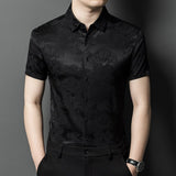 Silk Shirts for Men Short Sleeve Jacquard Silk Button Up Shirt XS Black