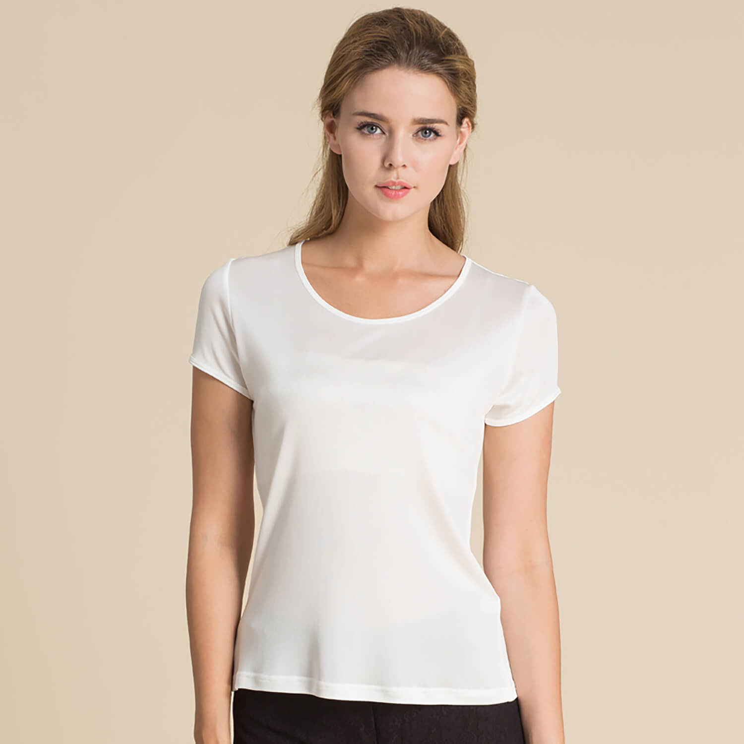 Silk Short Sleeve Women's T-shirt Silk Knitted Bottoming Shirt Top White S