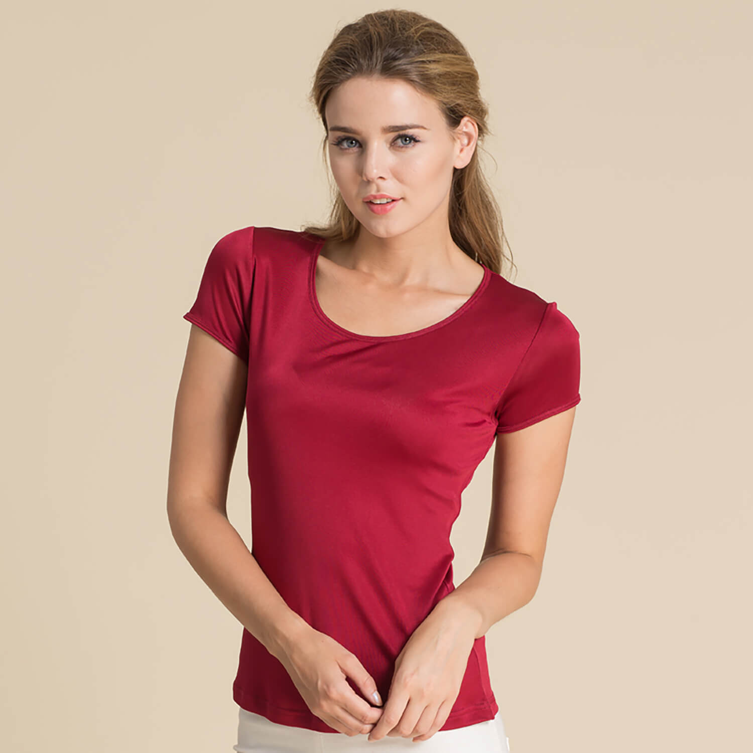 Silk Short Sleeve Women's T-shirt Silk Knitted Bottoming Shirt Top Claret S