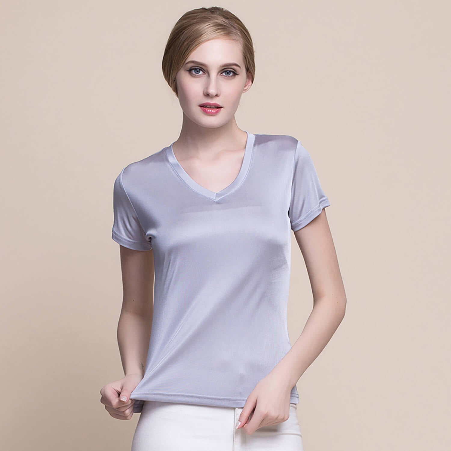 Silk V - neck Silk T-shirt Women's Silk Knitted Top Silver gray XS