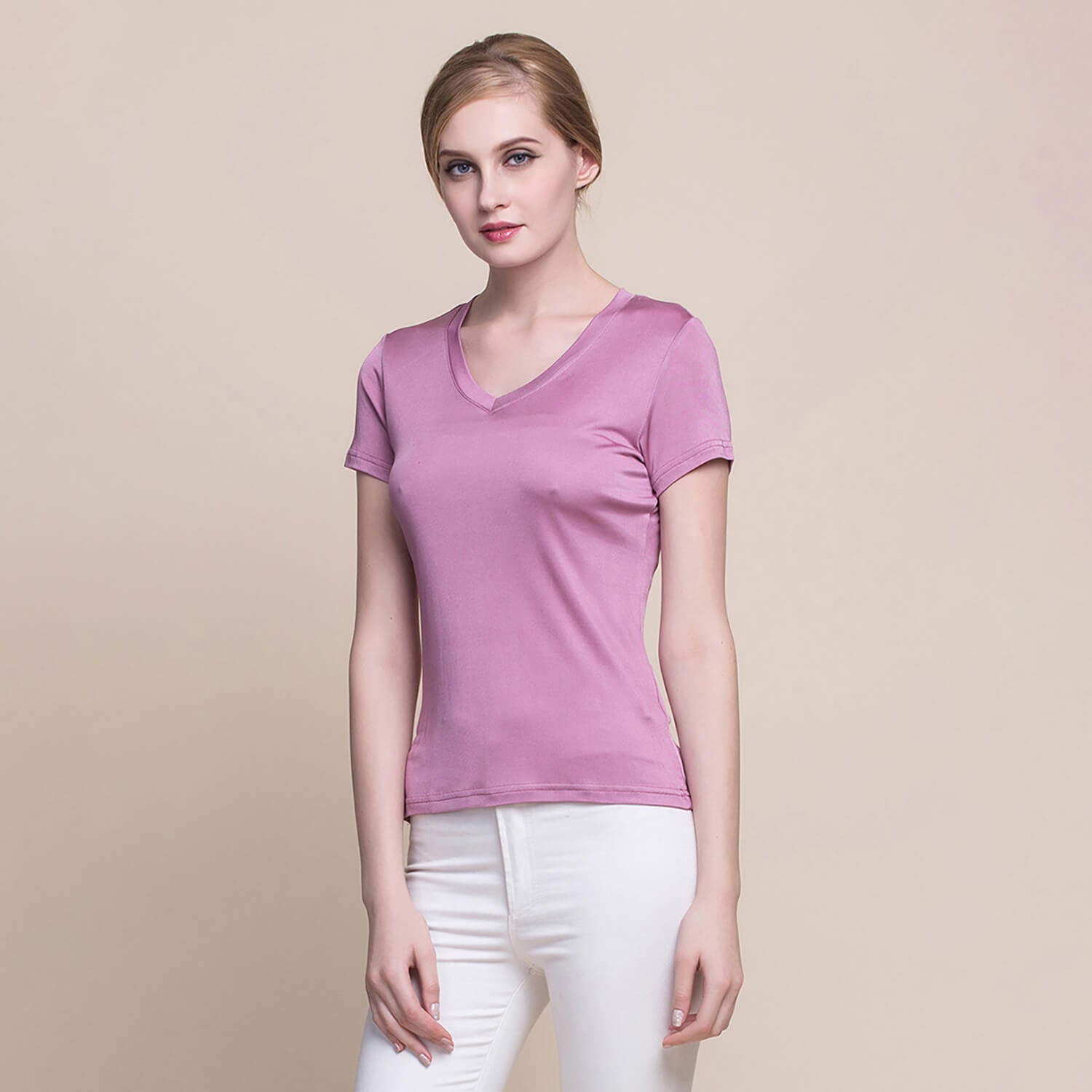 Silk V - neck Silk T-shirt Women's Silk Knitted Top Light blue XS