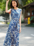 Toile Print Silk Midi Dress for Women Sleeveless Belted Silk Dress Blue XS