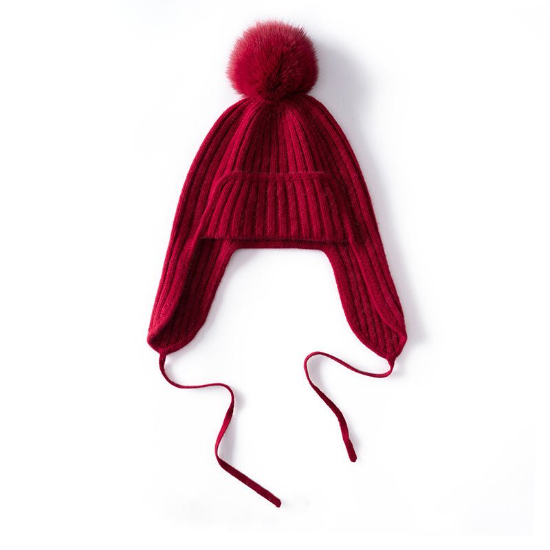 Unisex Cashmere Earflap Hat with Pom - Pom Cashmere Beanie with Tie