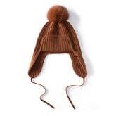 Unisex Cashmere Earflap Hat with Pom - Pom Cashmere Beanie with Tie