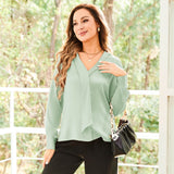 V Neck & Ribbon Silk Blouse For Women Long Sleeves Silk Shirt