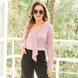 V Neck & Ribbon Silk Blouse For Women Long Sleeves Silk Shirt