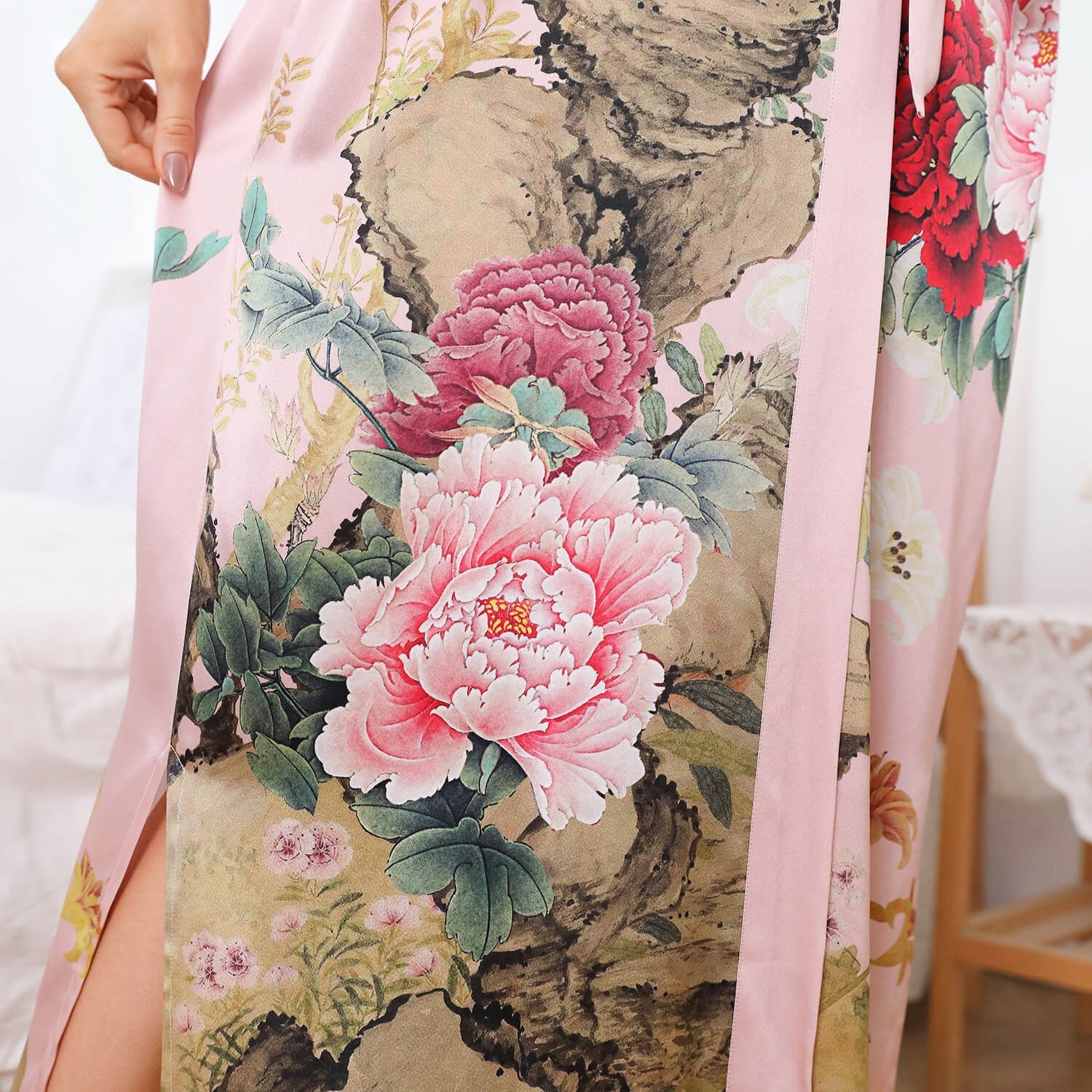 Women Luxury Long 100% Mulberry Vintage Floral Print Silk Kimono Robe