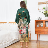 Women Luxury Long 100% Mulberry Vintage Floral Print Silk Kimono Robe