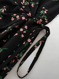 Vintage Womens Silk Midi Dress Silk Floral Dress V - Neck Silk Wrap Dress Black XS