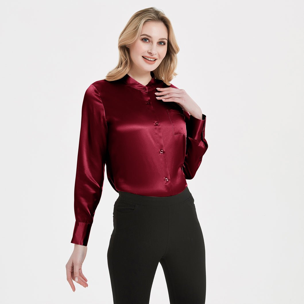 Women Band Collar Silk Blouse For Women 100% Pure Silk Blouse with Pocket