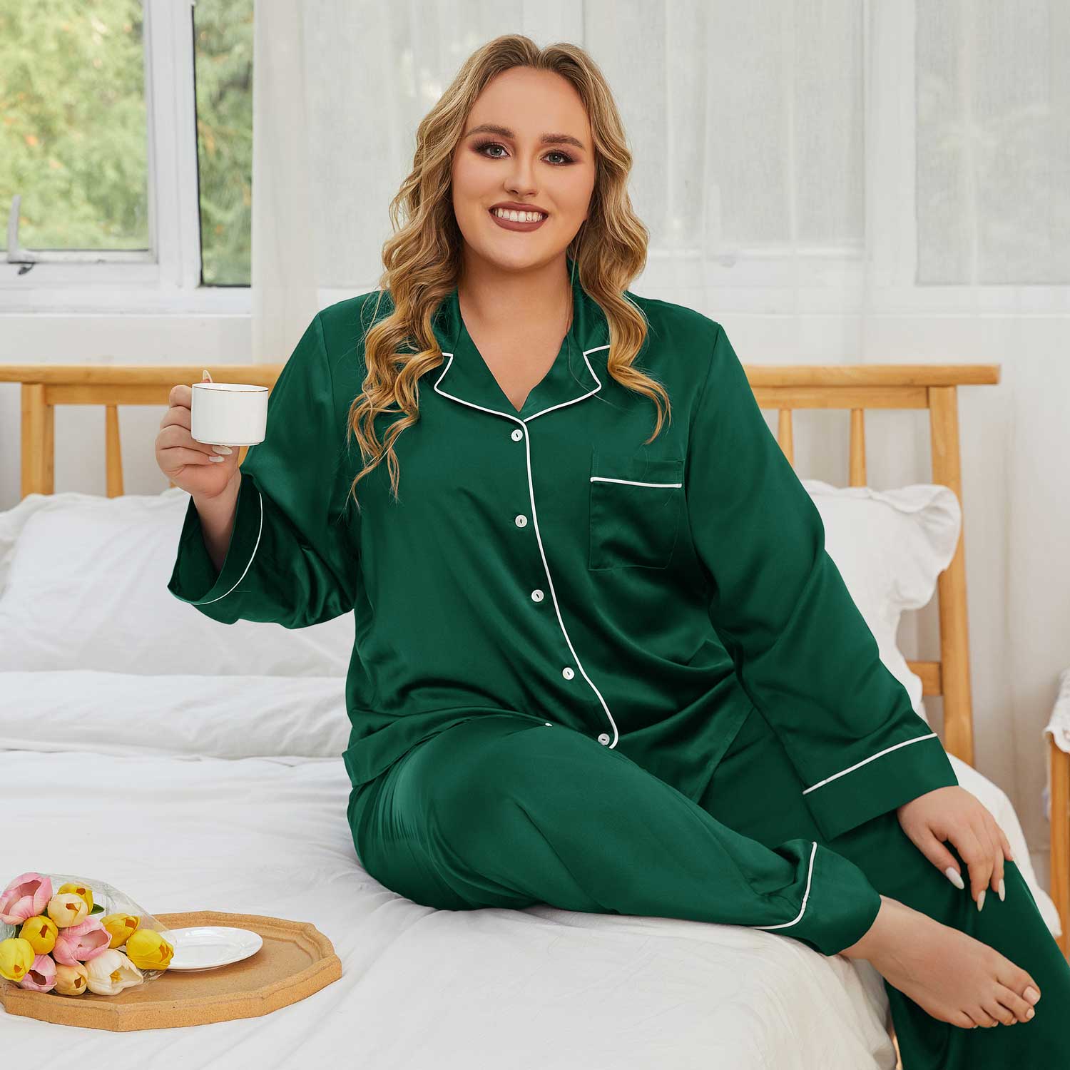 Women Plus Size Silk Pajamas 100% Silk Two Piece Pjs Dark Green 1X