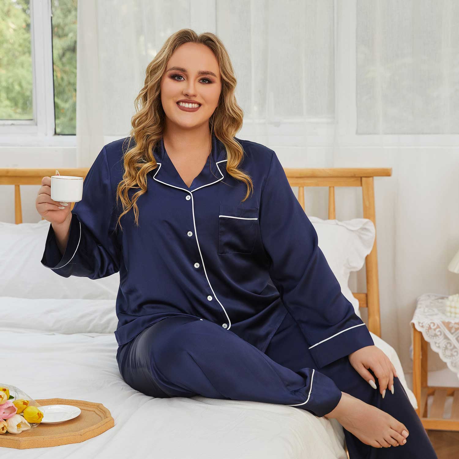 Women Plus Size Silk Pajamas 100% Silk Two Piece Pjs Navy Blue 1X