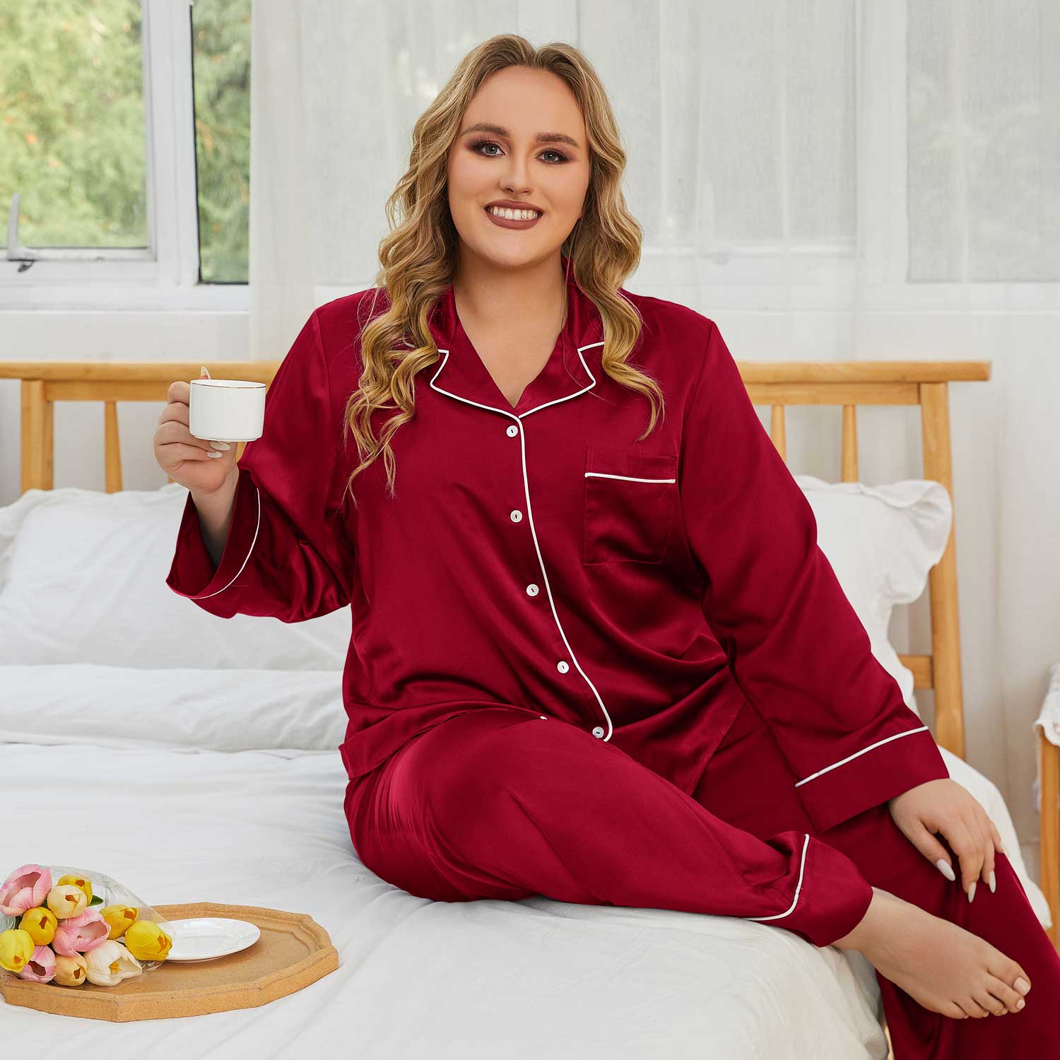 Women Plus Size Silk Pajamas 100% Silk Two Piece Pjs Claret 1X