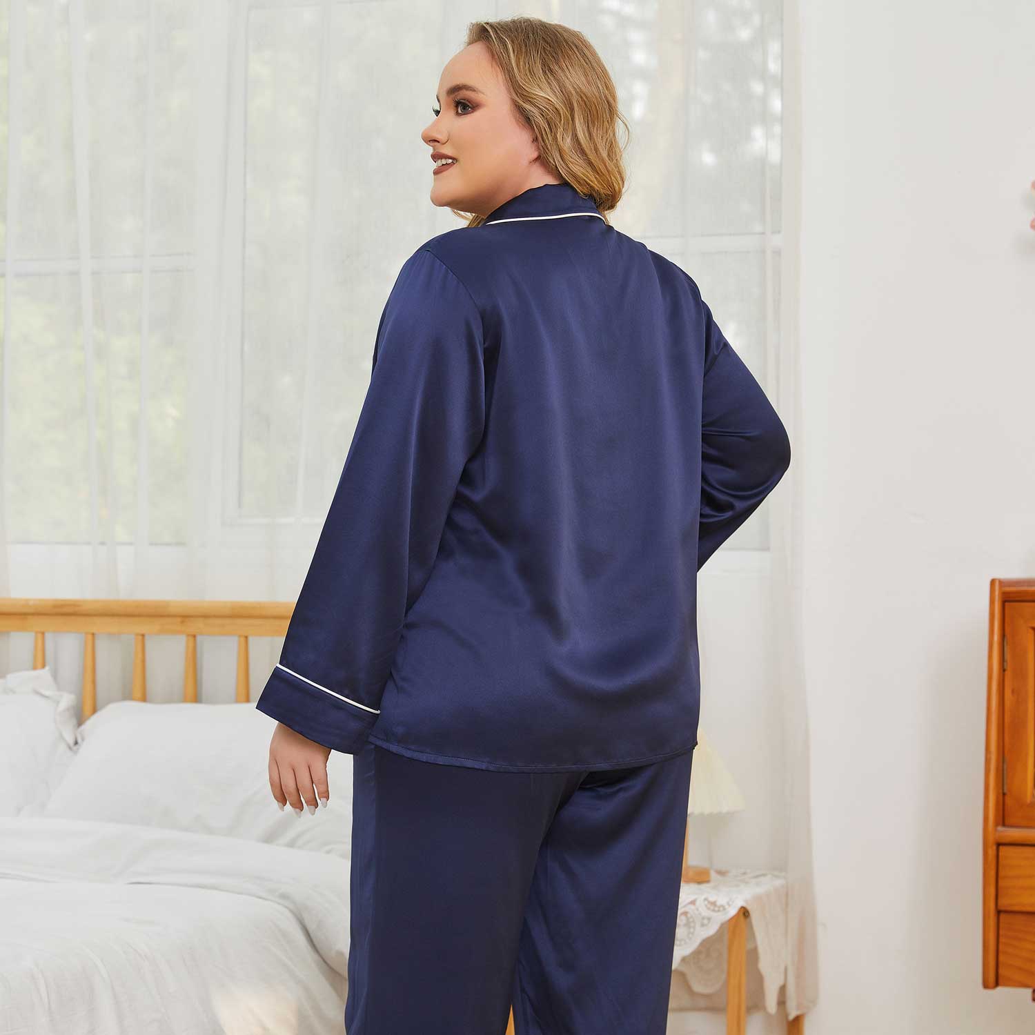 Women Plus Size Silk Pajamas 100% Silk Two Piece Pjs Navy Blue 1X