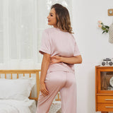 Women Short Sleeve Silk Pajama Sets 100% V Neck Silk Pjs