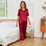 Women Short Sleeve Silk Pajama Sets 100% V Neck Silk Pjs