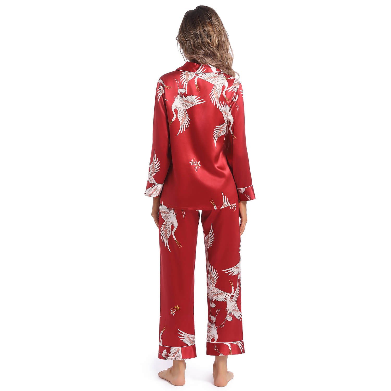 Women Silk Pajamas Set Crane Printed Ladies Silk Nightwear
