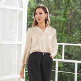 Women V Neck Silk Blouse Long Sleeves Office Work Silk Shirts
