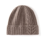 Womens 100% Cashmere Beanie Cable Knit Cashmere Hat Ribbed Fold Brim