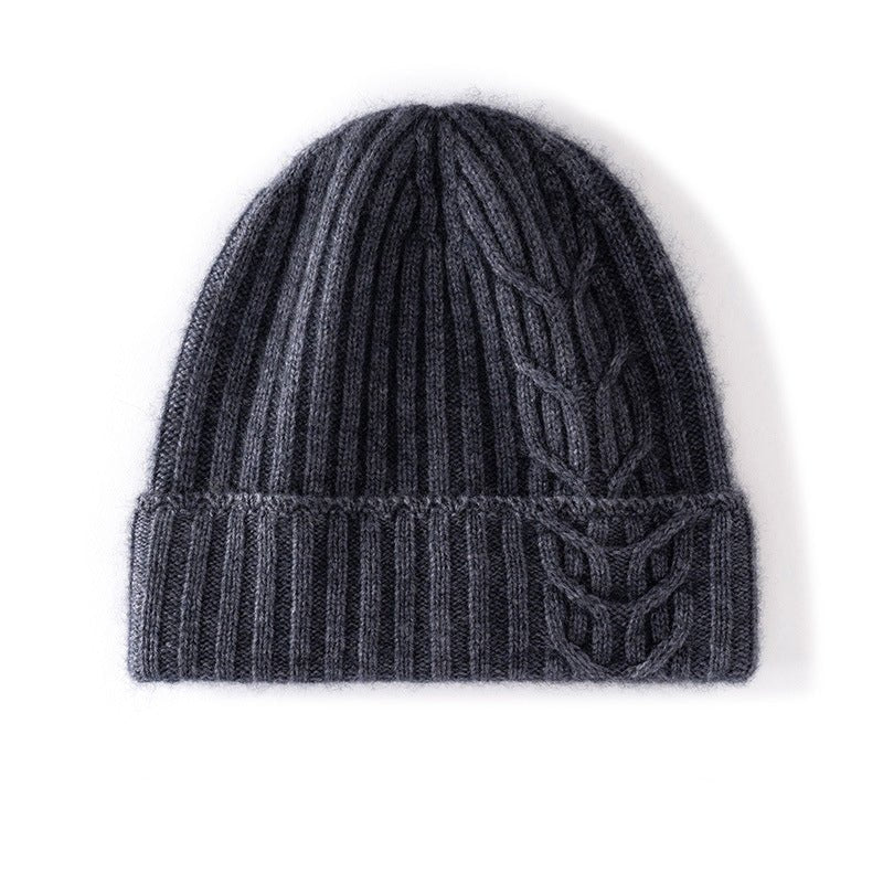 Womens 100% Cashmere Beanie Cable Knit Cashmere Hat Ribbed Fold Brim