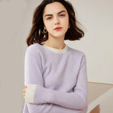 Women's 100% Cashmere Colorblock Knitted Jacquard Crewneck Sweater Lavender XS