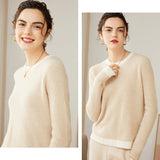 Women's 100% Cashmere Colorblock Knitted Jacquard Crewneck Sweater Beige XS