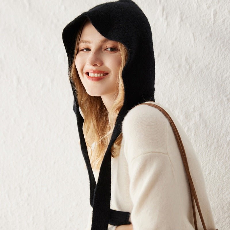 Womens 100% Cashmere Knit Hood with Ties Cashmere Hood Hat