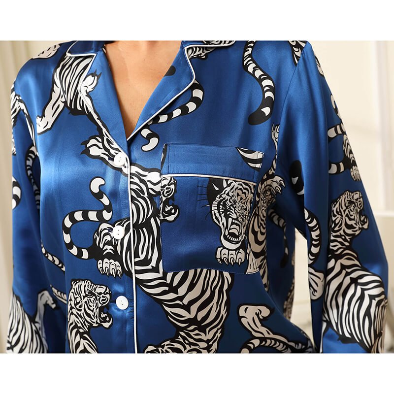 Womens 100% Silk Pajama Set Bold Tiger Print Sleepwear Silk Set Navy Blue XS