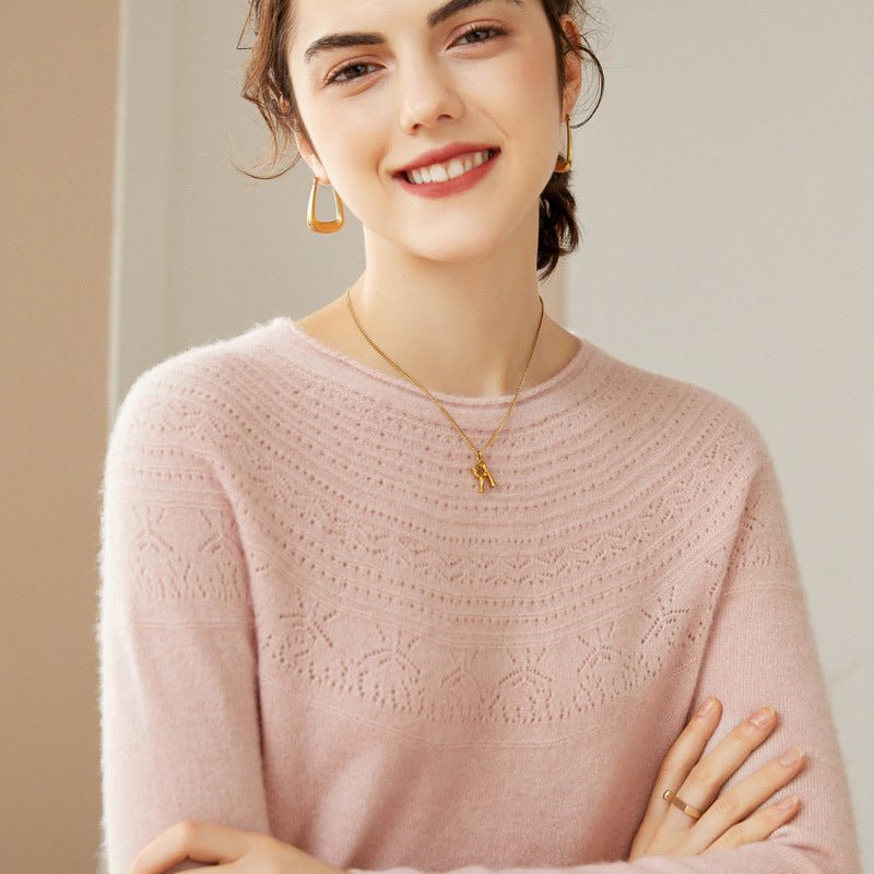 Womens Cashmere Pointelle Yoke Sweater Hollow - out Crewneck Sweater