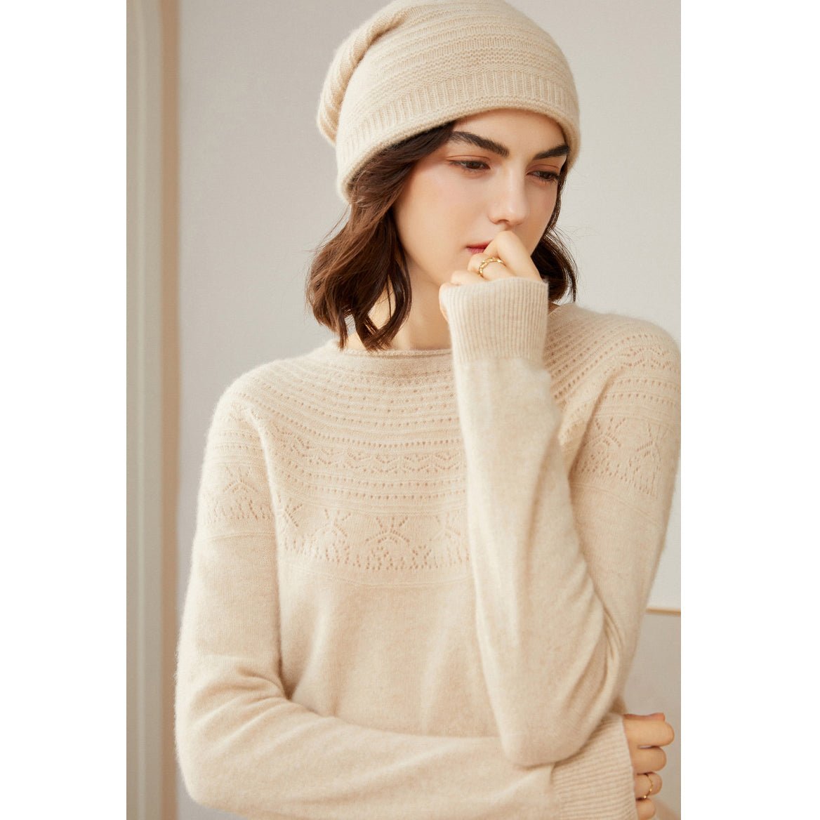 Womens Cashmere Pointelle Yoke Sweater Hollow - out Crewneck Sweater