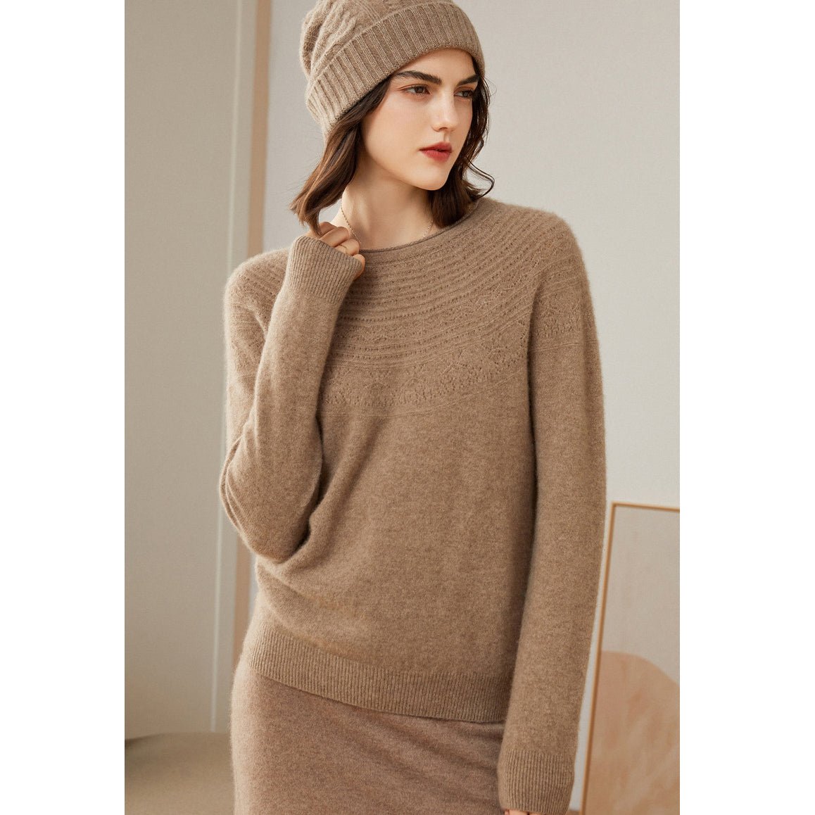 Womens Cashmere Pointelle Yoke Sweater Hollow - out Crewneck Sweater