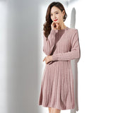 Womens Pure Cashmere Cable Knit A - Line Long Sleeve Crew Neck Dress