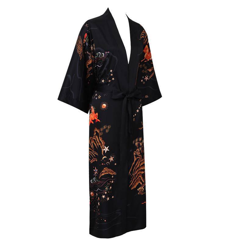 Women's Deer Prints Silk Kimono Robes Stars Silk Bathrobe