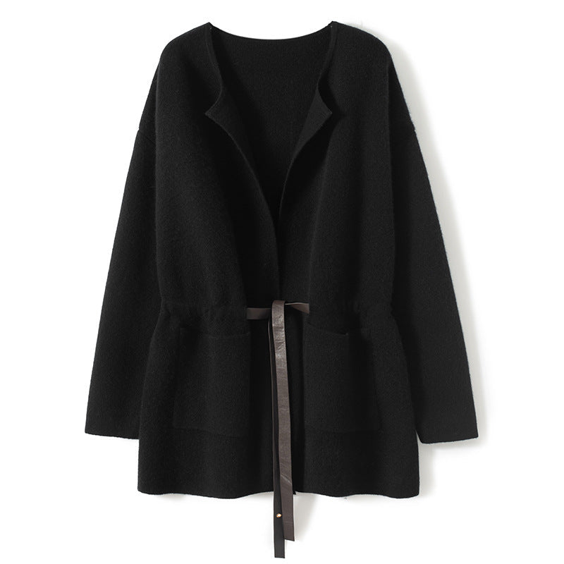 Womens Belted Cashmere Cardigan Cashmere Coat Open Front Knit Jacket Black One Size Fits Most