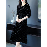 Womens Black Polka Dot Silk Midi Dress with Drawstring Waist