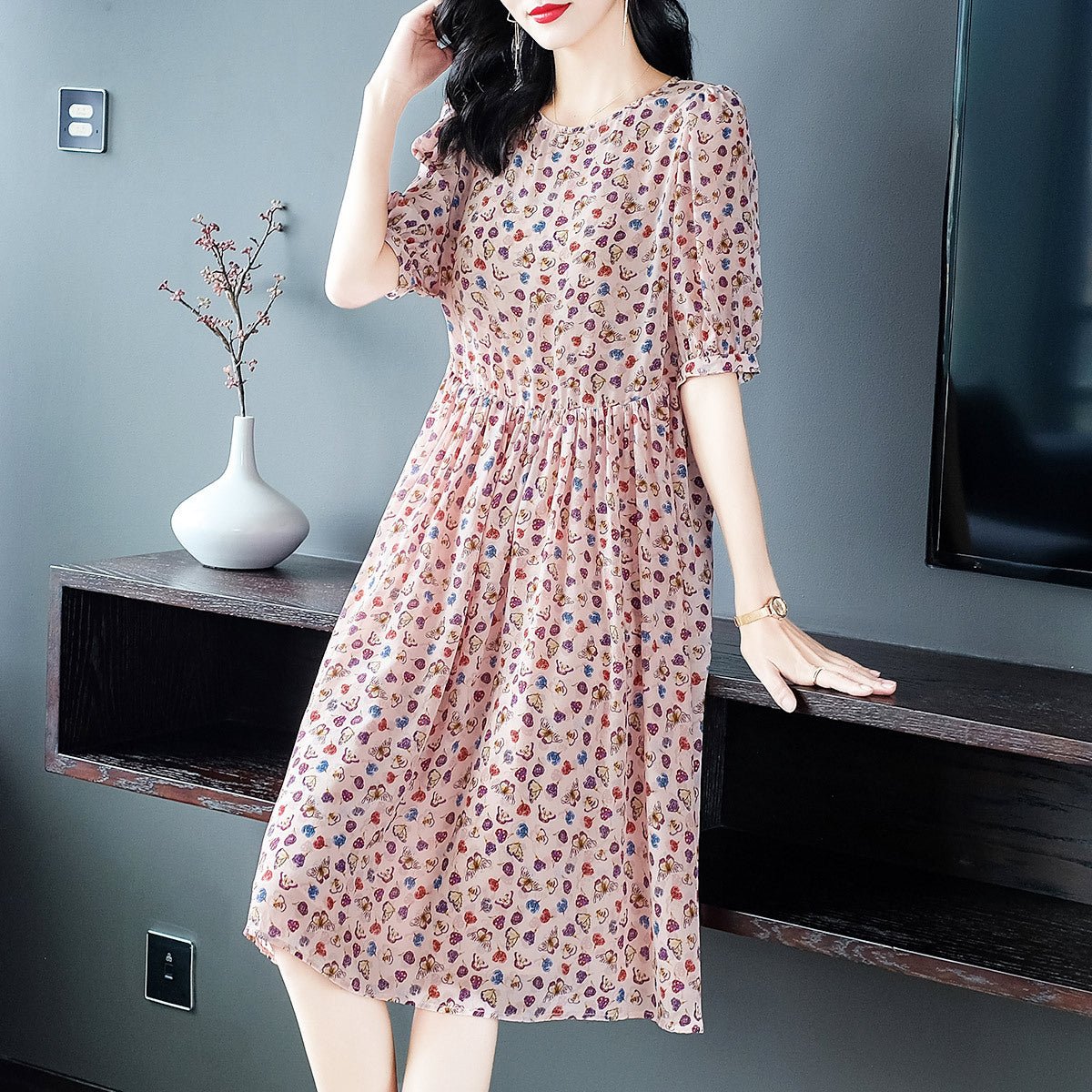 Womens Blush Pink Silk Midi Dress Petite Floral Print Long Silk Dreess Pink XS