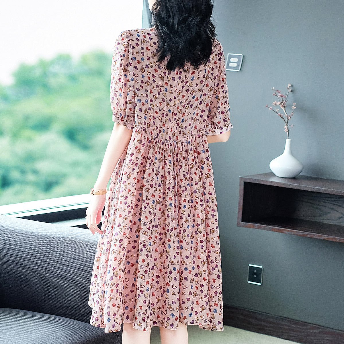Womens Blush Pink Silk Midi Dress Petite Floral Print Long Silk Dreess Pink XS