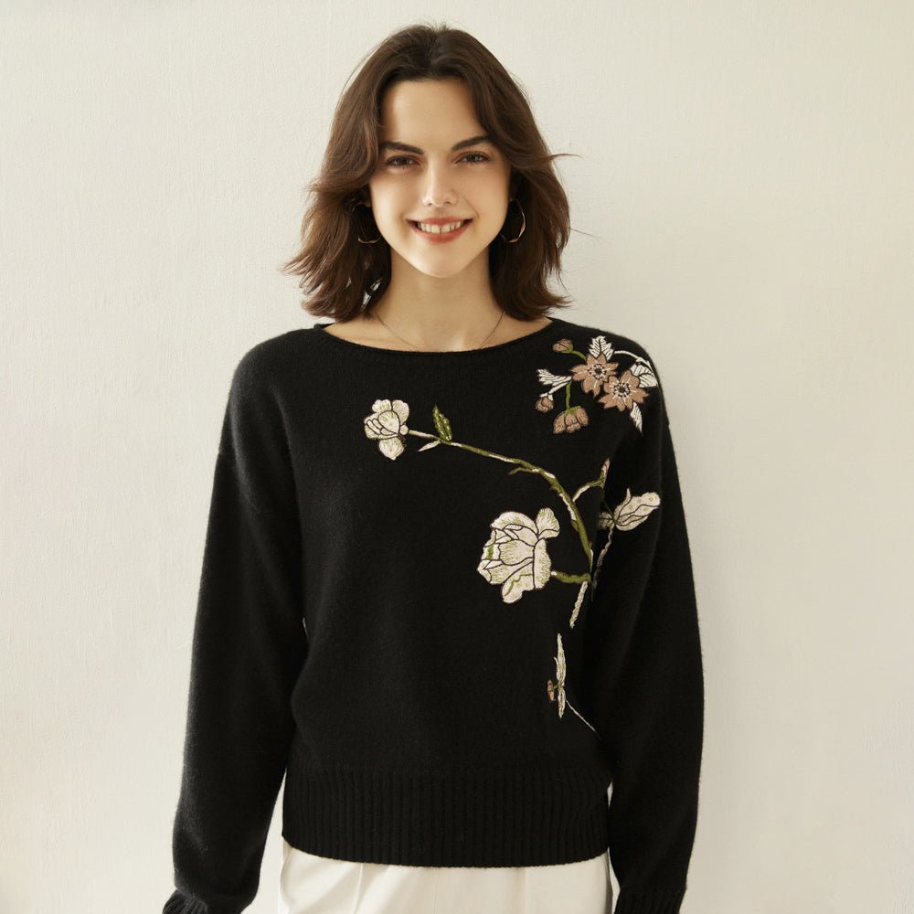 Womens Boat Neck Cashmere Sweater Embroidery Flowers Cashmere Pullover