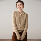 Womens Cable Knit Cashmere Cardigan Peter Pan Collar Cashmere Sweater Camel XS