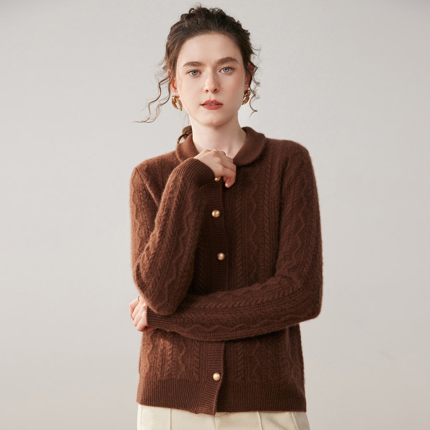 Womens Cable Knit Cashmere Cardigan Peter Pan Collar Cashmere Sweater Coffee XS
