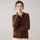 Womens Cable Knit Cashmere Cardigan Peter Pan Collar Cashmere Sweater Coffee XS