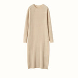 Womens Cable Knit Cashmere Dress Long Sleeve Cashmere Midi Dress Beige XS