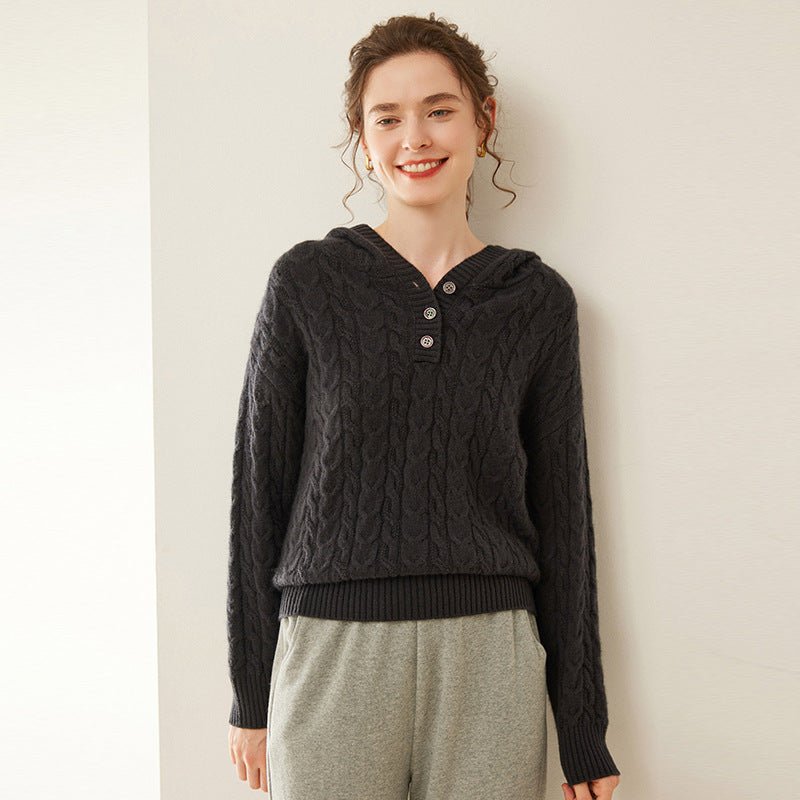 Womens Cable Knit Cashmere Hooded Cashmere Henley Sweater Gray XS