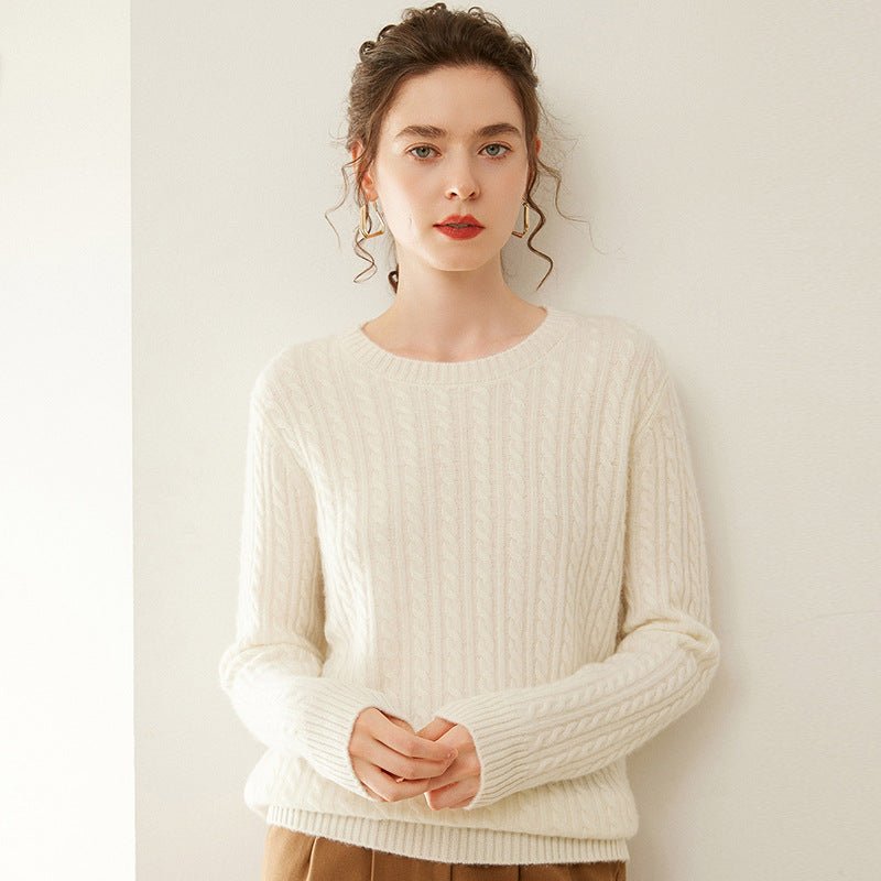 Womens Cable Knit Cashmere Sweater Crew Neck Cashmere Top Ivory XS