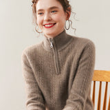 Womens Cable Knit Cashmere Sweater Half Zip Mock Neck Cashmere Blouse Taupe XS