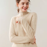 Womens Cable Knit Cashmere Sweater Half Zip Mock Neck Cashmere Blouse Beige XS
