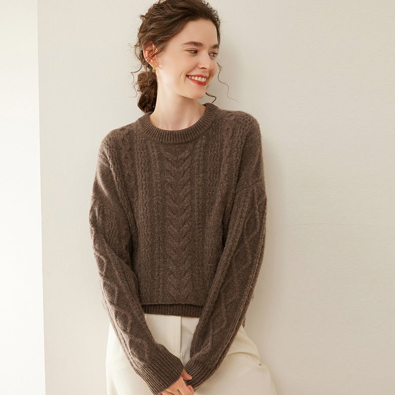 Womens Cable Knit Cashmere Sweater Round Neck Cashmere Pullover Coffee XS